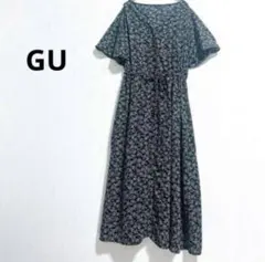 GU ジーユー 花柄フレアワンピース 半袖 ボタニカル柄 ロング　黒 花柄 S