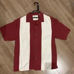 レトロ ヴィンテージ 開襟シャツ 半袖 ボーリングシャツ風 赤×白 シルク