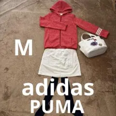 adidas 赤 フード付きジャケット✖️PUMA白スカートMセット