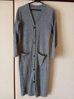 美品　グレー リブ編み ロングカーディガン