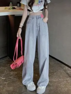 ライトブルー ハイウエスト ワイドレッグ デニムパンツ