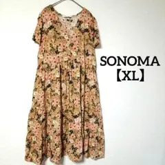 SONOMA【XL】花柄 ワンピース ロング丈 ティアード 半袖 総柄 フラワー