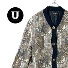 ＼ジャケット／ ノーカラー グレー　 金ボタン 幾何学 個性的　アウター 古着