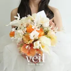 ウェディングブーケ　造花　結婚式　前撮りブーケ　オレンジ　胡蝶蘭　黄色　白