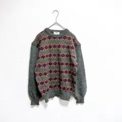 ニット　セーター　グレー　アーガイル　ウール100% 柄　男女兼用　長袖