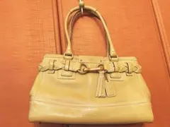 よ*ー様 COACH 黄緑色・レザー ハンドバッグ 編み込みデザイン