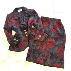 昭和レトロ バブリースーツ 花柄セットアップ 金ボタン 日本製 セットアップ