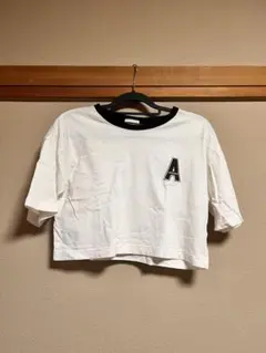 白 A刺繍 クロップドTシャツ 半袖