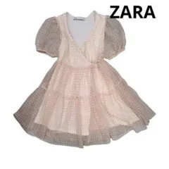 【120】ZARA ギンガムチェック チュールワンピース パフスリーブ ベージュのサムネイル