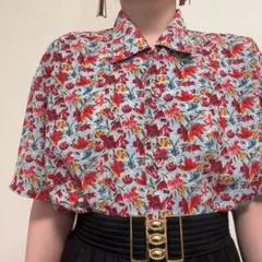 ブルーグレー系 花柄 ボタニカル 総柄 レトロ 半袖 柄シャツ 古着のサムネイル