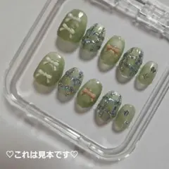 【オーダー制】リボン ‪緑色 ラメ マグネット ネイルチップ ショートオーバル