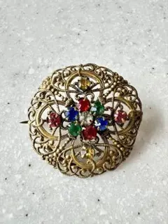 アンティーク　マルチカラーラインストーン　ブローチ