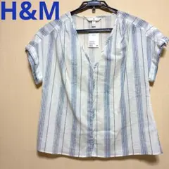 未使用H&M L.O.G.G.ストライプ柄　Vネック半袖ブラウス　Mサイズ位