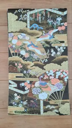 袋帯 黒地 鶴 扇面 花柄 金糸