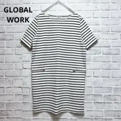 【グローバルワーク】M ボーダー ワンピース チュニック 半袖 ジップポケットのサムネイル