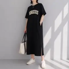 バンダッシュ［M］大人カジュアル◎カレッジロゴ◎サイドスリット◎カットソーワンピ