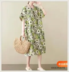 ★ 未使用　新品　ミモレ丈ワンピース　ピスタチオカラー　花柄　夏　コクーン