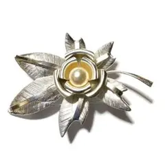 一粒パール 帯留め 花 アンティーク 昭和レトロ silver