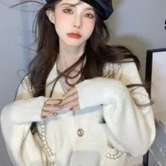 韓国 ショートニットカーディガン ホワイト×ゴールド blackup