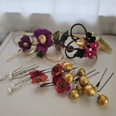 和風髪飾りセット 紫の花 金色装飾