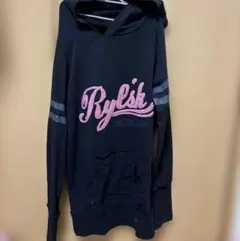 150 ガールズ パーカー 黒 ピンク ロゴ刺繍 ロング丈 M 女の子 子供服