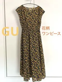 ジーユー GU ワンピース 花柄 裏地あり 黒 黄色 膝下 ノースリーブ