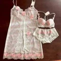 ワコールサルート スリップ+ブラジャー+ショーツ3点セット　水色ピンクローズ