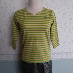 緑と黄色のストライプ 五分袖Tシャツ S