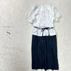 ロングワンピース 紐ベルト 膝丈プリーツ レース 綺麗め カジュアル モノトーン