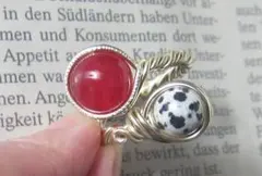 レッドジェイド＆ダルメシアンTwinリング☆指輪GOLDハンドメイド