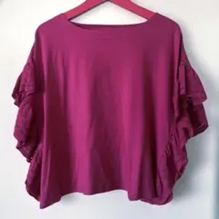 値下げ　レースフリル袖　カットソー　マゼンタ　Tシャツ　ゆったり