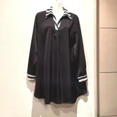 黒のストライプ襟長袖ワンピース　チュニック