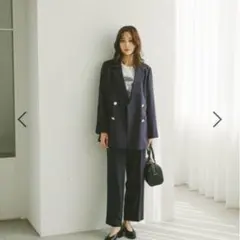 お手入れラクラクセットアップダブルジャケット ストレートパンツ 紺色 ネイビー