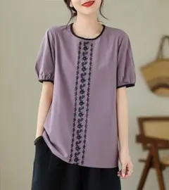 人気新作 パフスリーブ レトロ 無地 刺繍 ブラウス 大きいサイズ 夏物