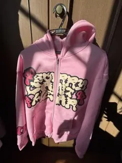 ピンク グラフィックプリント ジップアップパーカー