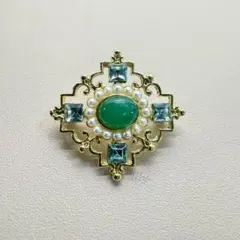 【ブローチ】ミントグリーン色輝石 パール アンティーク調 02-2