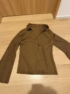 ブラウン ストライプ フレア袖シャツ