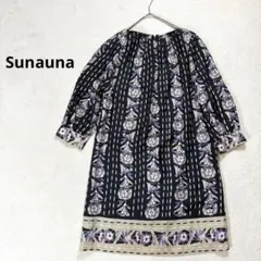 【スーナウーナ】M 長袖ワンピース 膝丈　花柄　ブラック