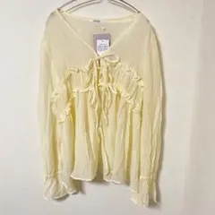 未使用タグ付き【ミウィビレット】フロントリボン シアー楊柳 フリルブラウス XL
