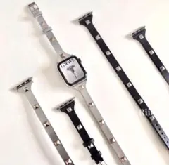 Apple Watch スタッズ 本革 42/44/45mmシルバー 二重巻き
