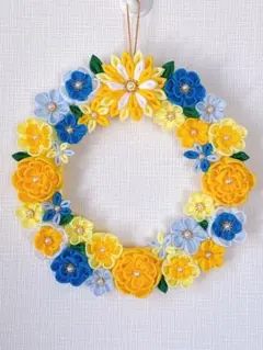 つまみ細工リース　No.104 イエローブルーリース　春リース　黄色　青色