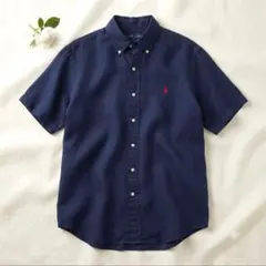 ラルフローレン リネン100% 半袖BDシャツ 紺 ネイビー M 刺繍ロゴ