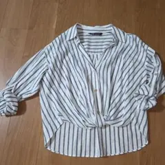 ZARA ストライプ 長袖シャツ 白✕紺 XS 七分袖&前結びデザイン☆美品☆