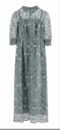 結婚式　パーティー　グレー 花柄刺繍 レース マキシドレス