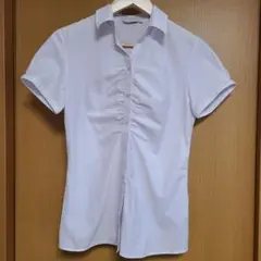 ホワイト半袖シャツ フロントギャザー　ピンクのサムネイル