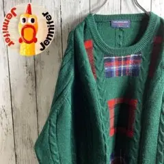【ヴィンテージ】古着 90s メンズ 3Dニット セーター L 緑 ★ゆったり感のサムネイル