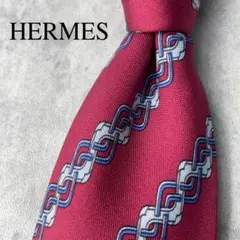 美品 HERMES エルメス ウェーブ 波型 ストライプ ネクタイ ボルドー 赤