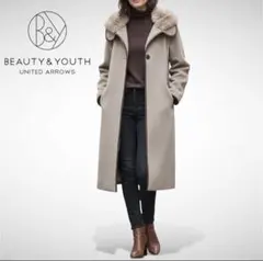 BEAUTY & YOUTH コート L グレー ラビットファー フード付き
