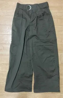 GU ベルト付きハイウエストワイドパンツ S カーキ