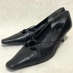 【美品】 エイゾー パンプス カットワーク ヒール 冠婚葬祭 黒 23 1\2